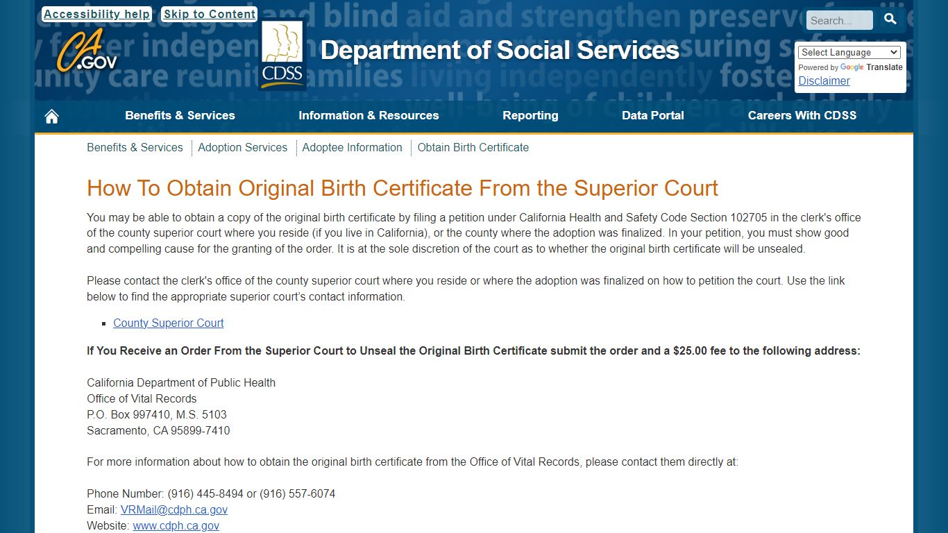 Obtain Birth Certificate - California Department of Social Services